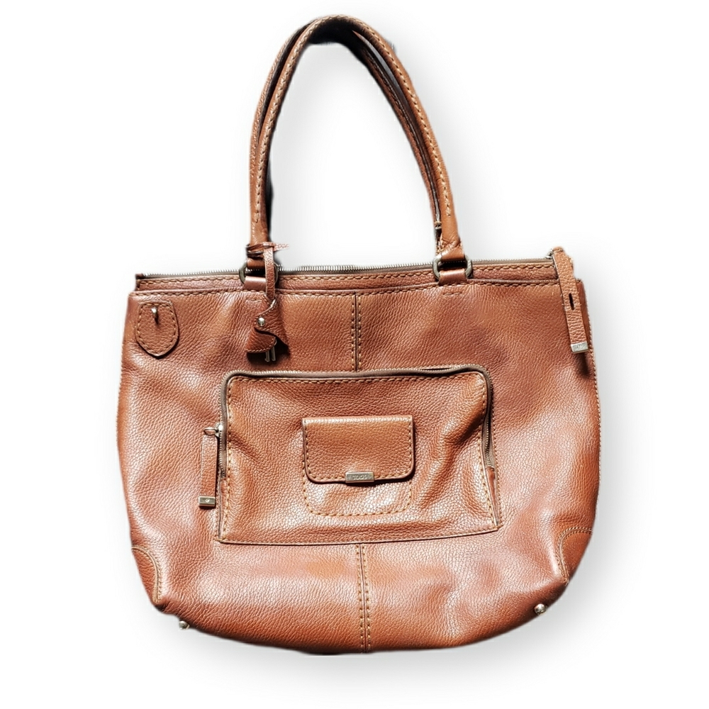 Tods Vintage Cognac Brown Leather Tote / Carryall - Key Lock & Silver Logo Stamp